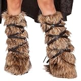Faux Fur Long Leg Warmers and Fluffy Sleeves Set for Women, Soft Boot Shoes Cuffs Cover, Warm Furry Costume Leg Socks, Carnival Cosplay Christmas, Halloween Costume Accessories (Brown leg warmers)