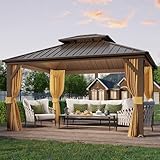 EROMMY 3x3.6M Hardtop Gazebo, Metal Double Roof Aluminum Gazebos with Curtain and Netting,Brown Permanent Galvanized Steel Pavilion for Patio, Lawn & Deck