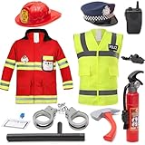 Kids Police and Fireman Costume, Dress Up Set with Fire Fighter and Police Costume with Squirting Water Fire Extinguisher & Siren Sound Walkie Talkie, Fancy Dress for Kids & Toddlers Ages 3-7
