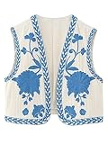 YILEEGOO Women Vintage Boho Floral Embroidered Gilets Sleeveless Crop Cardigan Tops Open Front Vest Outwear Jackets (Blue, S)