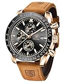 BENYAR Men's Watches Quartz Sports Chronograph Fashion Business Luxury Brand Waterproof Watch Analog Date Men's Brown Leather Watch for Men(Brown Gold Black)
