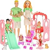 Family Dolls Playset with Slide Swing and Baby Stroller - 7 People, Pets & Accessories for 3-12 Years Old Toddler Gift (Gift Box Package)