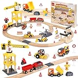 Lehoo Castle Toddler Construction Toys, 68PCS Engineering Wooden Train Set for Age 3 4 5 6 7 Boys Girls, Kids Railway Toys with Crane, Magnetic Track Trains Birthday Gift for Age 3-5