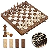 Sarr Klith Chess Set and Checkers 2IN1, 16" Wooden Magnetic Chess Board for Adults Kids, Foldable Travel Chess Set with 2 Extral Queen, Chess Gift Toys for Boys Girls