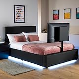 X-Rocker AVA Leather TV Bed with Rotating TV Mount 55", Storage and Cable Management, Ambient Underbed RGB LED Lighting Double 4ft6 Low Sleeper Bedstead, Upholstered Leather Frame XR LIVING - BLACK