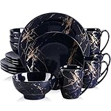 LOVECASA 'Daphne', 16 Pieces Porcelain Dinner Set Color Glaze with Gold Plate Crockery Set Kitchen Dinnerware Set with Dinner Plates, Dessert Plate, Bowls and Mugs, Service for 4, Blue