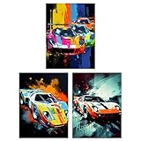 Artery8 Set of 3 A4 Racing Car Motorsport Grand Prix Paintings Bright Colourful Mancave Gift For Him Unframed Wall Art Living Room Poster Prints Pack