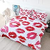 BlessLiving Watercolor Kisses Bedding Cover Fashion Duvet Cover Red Lips Print Bed Set 3 Pieces Women Pop Art Bedding Girl Bedroom Decor Valentine's Day Gifts (King)