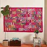 Bhawana Handicrafts Pink Patchwork Wall Hanging Indian Vintage Sari Bohemian Wall Tapestry Art Curtain Large Wall Decor Backdrop Art Handmade Wall Hanging