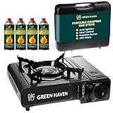 GREEN HAVEN Black Portable Camping Stove with Cary Case & 4 Butane Gas - Premium Camping Gas Stove, EN417 Compliant, Portable with Automatic Ignition & Heat Control