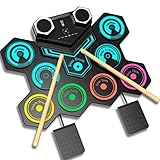 Portable Electric Drum Kit, CNAPXAIA Foldable Kids Drum Pad with Build-in Stereo Speakers, Foot Pedals, Drum Sticks, 9 Pads Silicone Electronic Drum Set for Kids Adult Beginner RAINBOW