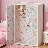 Minamzee 1/12 Dollhouse Wardrobe Closet, Miniature Wooden White Flower Pattern Wardrobe with 3Pcs Clothes Hangers, Magnetic Double Doors Dollshouse Closet for Bedroom Livingroom Furniture Accessory