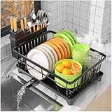 SavvyStor Dish Drainer Rack - Space Saving Dish Rack for Kitchen Counter, Kitchen Dish Drainer with Utensil Holder, Drain Board, Black