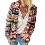 Nbzsmlkn Lauren Elegant Cardigan,Women's Rainbow Striped Multicolor Long Sleeve Cable Knitted Cardigan Sweater,Draped Kimono Style Casual Outwear (Red,XL)
