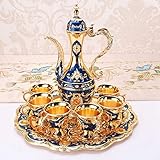 Hapivida Vintage Tea Set, Moroccan Engraved Teapot Set Luxury Metal Coffee Cup Set with Golden Trim Elegant Turkish Coffee Service Set with Tray for Tea Party, Wedding (Blue)