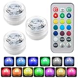 3 Pcs Mini Submersible LED Lights with Remote Control Waterproof RGB Colour Changing Tea Lights for Ponds, Pools, Fountains, Aquariums Gardens Party Decorations, Battery Operated LED Pond Light