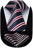 HISDERN Striped Wedding Tie Handkerchief Men's Necktie & Pocket Square Set (Navy Blue & Red)