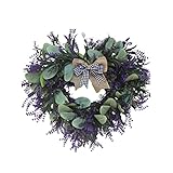 KHBNHJ 42 CM Artificial Lavender Heart Shaped Silk Lavender Flower Wreath with Bow & Green Leaves Spring Summer Wreath for All Seasons Front Door Wall Home Party Decor