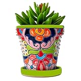 COBAZUL Mexican Pottery Planters - Talavera Planter - Succulent Pots - Ceramic Pots for Plants Indoor & Outdoor with Drainage Hole and Saucer - 4'' W x 4" H (Green-Small)