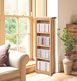 Hallowood Furniture Camberley Oak DVD Shelf Unit, CD Rack with 3 Shelves, Solid Wooden Media Storage Unit for 96 CDs or 68 DVDs, Slim Bookcase, Light Oak Furniture for Living Room or Bedroom