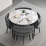 VTELGT Marble Dining Table and Chairs Set 4, 5 Piece Modern Dining Table Set, Rock Slab Tabletop with 4 Weave Velvet Chairs for Space Saving,Round Grey