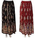 JOTW Women's 2 Pack of Indian Long Skirts with Sequins & Embroidered Designs (Ind#9603) (Black/Red and Burgundy/Blue)