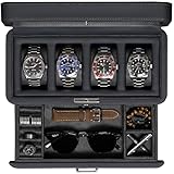 ROTHWELL 4 Slot Leather Watch Box with Valet Drawer - Luxury Case Display Jewelry Organizer, Locking Display Case Holder with Real Glass Top - Watch Box Organizer for Men & Women (Carbon)