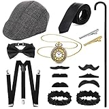 Blulu 1920s Mens Costume Accessories Gatsby Set with Hat, Bow Tie, Pocket Watch, Suspender, Armband Garters, Tie Clips, Crutch (Fresh Style)