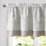 TOPICK Floral Cafe Curtains 18 Inch Drop, Double Layer Short Kitchen Curtain for Small Window, Rod Pocket Pelmet Valance for Bedroom, Sink, Living Room, Cupboard, 1 Panel Grey on Beige, W50xL18 inch