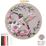 JSRQT Hummingbird Embroidery Kit for Adults Beginners,Flower Stamped Cross Stitch Kit,Handmade Sewing Craft Set,Embroidery Supplies with Needles and Threads