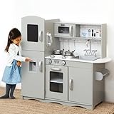 Motherandbaby Kids Wooden Play Kitchen Boys Girls Pretend Toy with Sounds and Light Cooking Role Play Large Size 91.5x85.5x30cm - New Grey (with Utensil Toys)