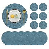 Pauwer Woven Table Placemats and Coaster sets 6, Round Cotton Dinner Table Mats Anti Slip Heat Resistant Place Mats Easy Clean