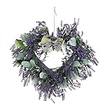 belupai 16.5in Purple Lavender Flower Wreath, Heart Shaped Spring Summer Lavender Wreath Rustic Front Door Lavender Garland Greenery Leaves Wreath for Indoor Outdoor Farmhouse Home Decor (Purple)