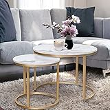 HEYZOEY Round Coffee Tables, Removable Set of 2 End Table, Nesting Tables with Gold Metal Frame Legs and Marble White Top for Living Room, Bedroom, Office, Balcony, Apartment (White)