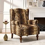 HULALA HOME Wingback Accent Chair with Animal Print Pattern, Traditional Fabric Armchair with Nailhead Trim and Retro Wooden Legs, Tiger
