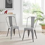 Furniturebox UK Colton 2x Grey Metal Dining Chairs for Kitchen Or Dining Room Tolix Inspired Design Steel Powder Coated Stackable Lightweight Retro Bistro Industrial Dining Furniture Set of 2 Chairs