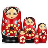 Russian Dolls, 5pcs Wooden Girls Babushka Nesting Dolls - Handmade Russian Matryoshka, Traditional Babushka Home Decor for Birthday Gift, Christmas Home Room Decoration, Red