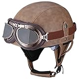 Woljay Vintage Leather Motorcycle Retro Half Helmet Men Women Adult for Scooter Bike Cruiser with Goggles and Drop Down Sun Lens (Large, Brown)