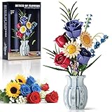 Flowers Bouquet Building Blocks Set with Porcelain Style Vase, Roses, Sunflower, Lily of The Valley for Adults Girls Botanical Collection Home Office Décor, Gifts for Valentines Birthdays Mother’s Day