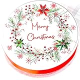 Christmas Cake Topper - Merry Christmas Wreath Cake Decoration - Edible Icing or Wafer - 7.5" / 19cm Round (Edible Icing)