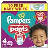 Pampers Premium Protection Nappy Pants Size 4, 168 Nappies, 9kg-15kg, Monthly Pack + Pampers Harmonie Aqua Baby Wipes 1 pack of 10 Wipes