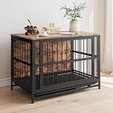 BORPHOM 38.98" Wooden Dog Crate Furniture,Large Dog Kennel Indoor,Heavy Duty Dog Cage for Large Dogs,Dog House with Removable Tray,Folding 2 door Crate,Side End Table,Rustic Brown