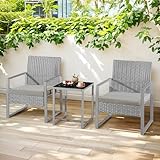 XEO HOME Outdoor 3-Pieces Rattan Bistro Set Wicker Garden Furniture Conversation Set, Coffee Table with Glass Top and 2 Chairs and Washable Removeable Cushions for Balcony Backyard Pool side (Grey)