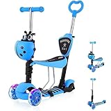 YOLEO 5-in-1 Kids Scooter with Removable Seat, LED Flashing Wheels Height Adjustable 3 Wheels Kick Scooter with Push Handle for Toddlers, Boys and Girls from 2 Years (Blue)