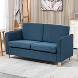 HOMCOM 2 Seater Sofa, Compact Loveseat, Linen Upholstered Couch with Wood Legs and Armrest, Small Sofa for Living Room and Home Office Blue