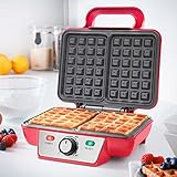 Global Gizmos 37579 Two Slice Waffle Maker/Non-Stick Waffle Machine/Adjustable Temperature/Easy Clean Stainless Steel/Non-Slip Base & Cool Touch Handle/Red Colour
