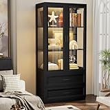 BROTTAR Display Cabinets with 3 Color LED Lights and 2 Drawers, 67" Display Case with Magnetic Lock, Curio Cabinet&Bookcase for Collectibles, Books, Kitchen Cabinets for Living Room Kitchen, Black