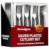 144-Piece Silver Plastic Cutlery Set – Heavy Duty Silverware – 72 Forks, 36 Knives, 36 Spoons – Elegant Flatware for Parties, Weddings, Catering & Everyday Use