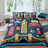 Famous The Big Ben Symbols Duvet Cover Telephone Booth Cityscape Bedding Set Retro UK Themed Comforter Cover for Teens Adults Modern City Building Famous City Scene Room Decor Double Size