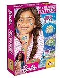 Lisciani - BARBIE MY GLITTER TATTOO - Creative Tattoo Kit for Kids Aged 6 and Up - Includes Multicolored Glitter, Stickers, Gems, Stencils - Safe and Easy to Use - DIY Temporary Tattoos